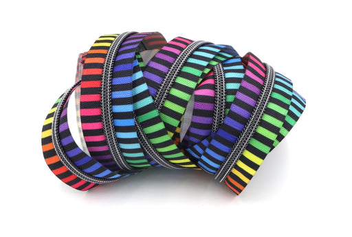 Black Rainbow Stripe- #5 Gunmetal Nylon Coil Zipper Tape - Modern Fabric Shoppe