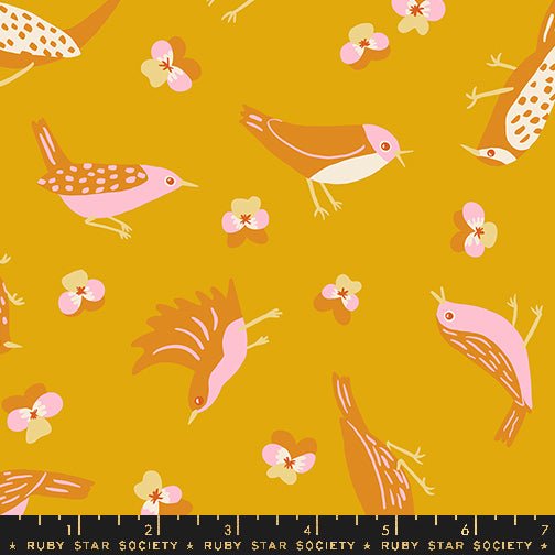 PRE - ORDER Bird is the Word by Kimberly Kight - Goldenrod RS3076 14 - Half Yard - December 2024 - Modern Fabric Shoppe