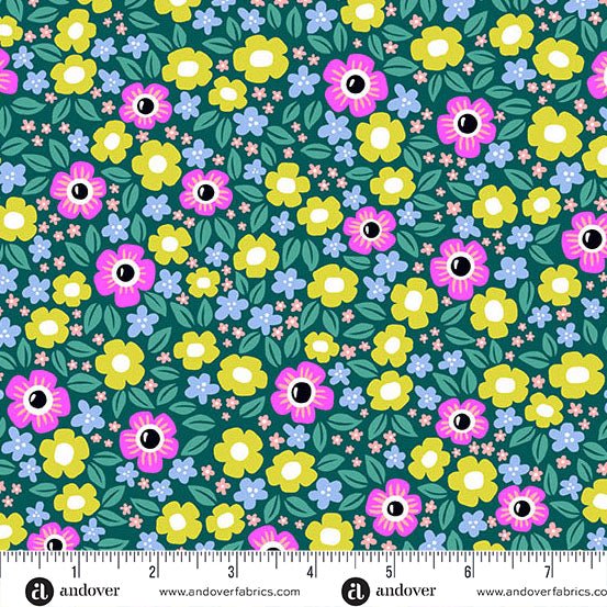 PRE - Order Ghostly Garden by KP Creates - Floral Fright A - 10197 - T Teal - Half Yard - March 2026 - Modern Fabric Shoppe