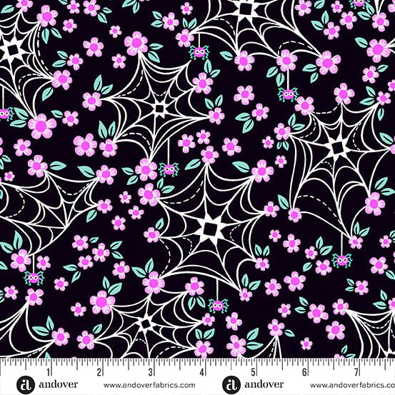 PRE - Order Ghostly Garden by KP Creates - Web and Bloom A - 10198 - K Black - Half Yard - March 2026 - Modern Fabric Shoppe
