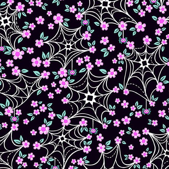 PRE - Order Ghostly Garden by KP Creates - Web and Bloom A - 10198 - K Black - Half Yard - March 2026 - Modern Fabric Shoppe