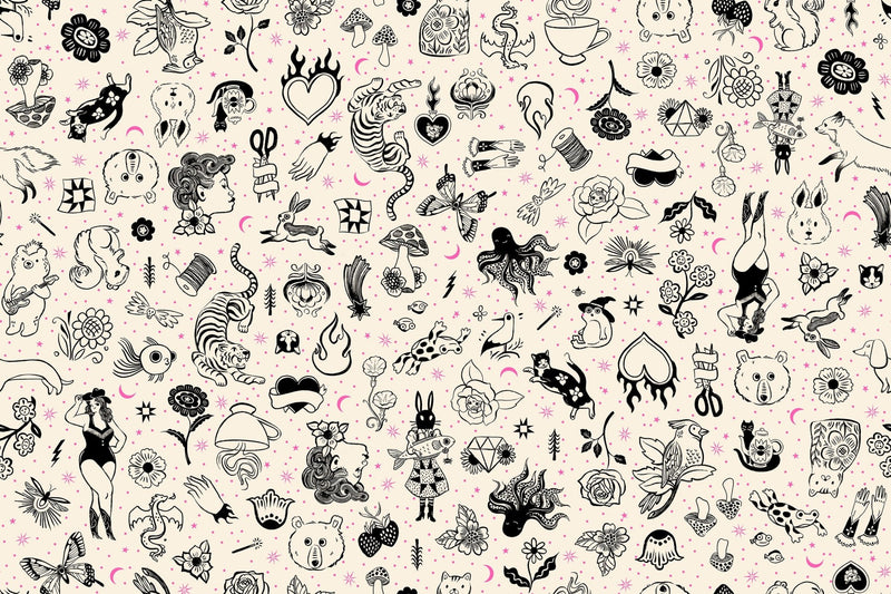 PRE - ORDER Ink Shop by Sarah Watts - Tattoo Flash RS 2145 11 - Natural - Half Yard - October 2026 - Modern Fabric Shoppe