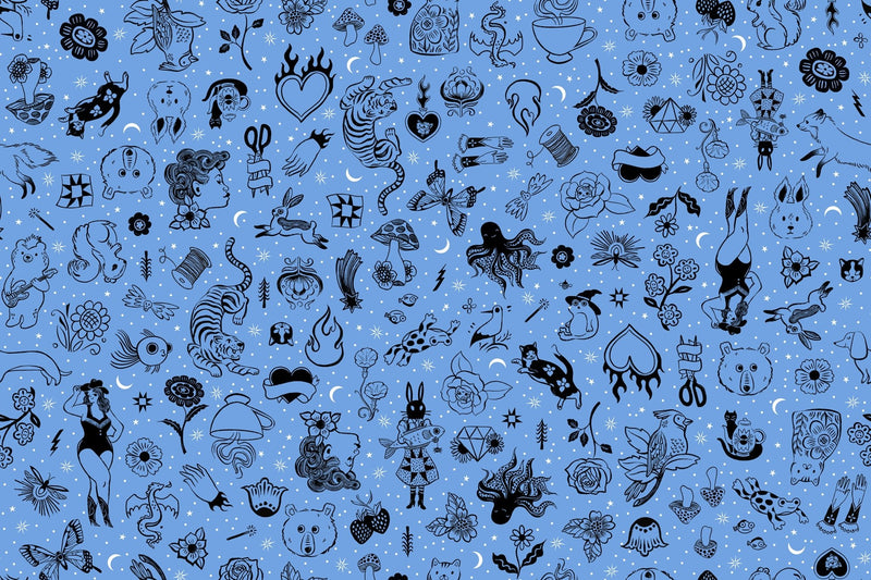 PRE - ORDER Ink Shop by Sarah Watts - Tattoo Flash RS 2145 13 - Lindley Blue - Half Yard - October 2026 - Modern Fabric Shoppe