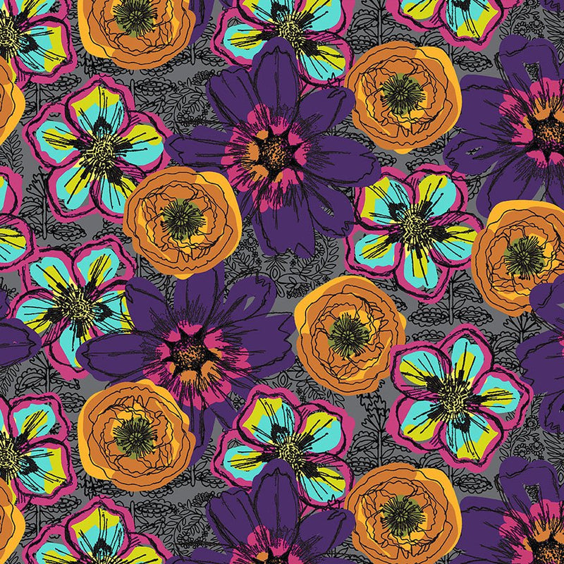 PRE - Order Natalie Barnes - Winding Road - Flower Fields 55006 - 1 Charcoal - Half Yard - March 2026 - Modern Fabric Shoppe