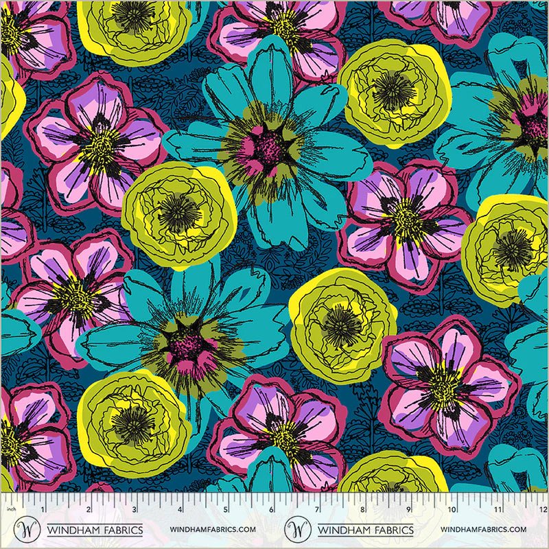 PRE - Order Natalie Barnes - Winding Road - Flower Fields 55006 - 2 Teal - Half Yard - March 2026 - Modern Fabric Shoppe