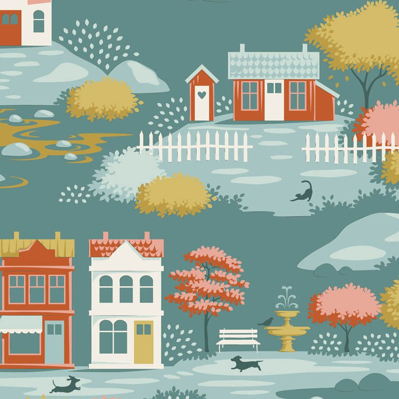 PRE-Order Tilda- Village Life Blenders- Village TIL110180 Teal- Half Yard- October 2026 - Modern Fabric Shoppe