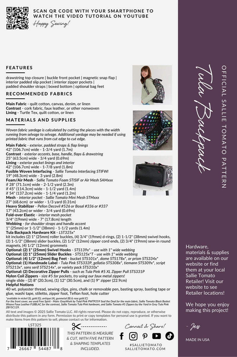 Sallie Tomato Pattern - Tula Backpack Paper Pattern - Modern Fabric Shoppe