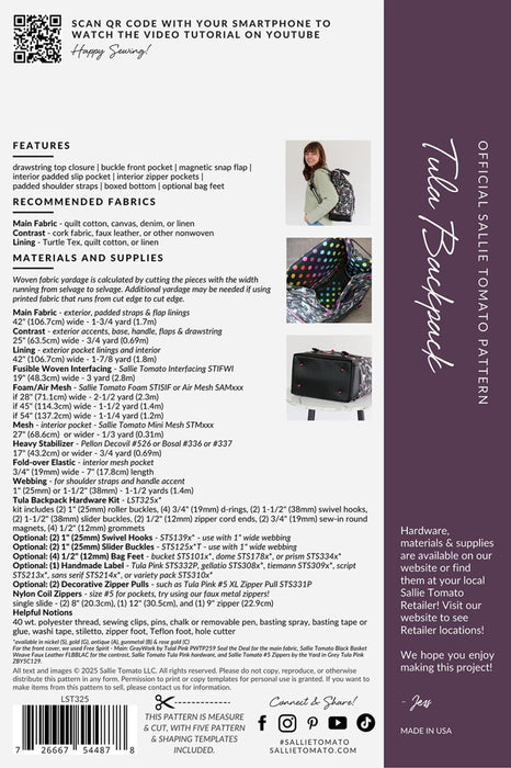 Sallie Tomato Pattern - Tula Backpack Paper Pattern - Modern Fabric Shoppe