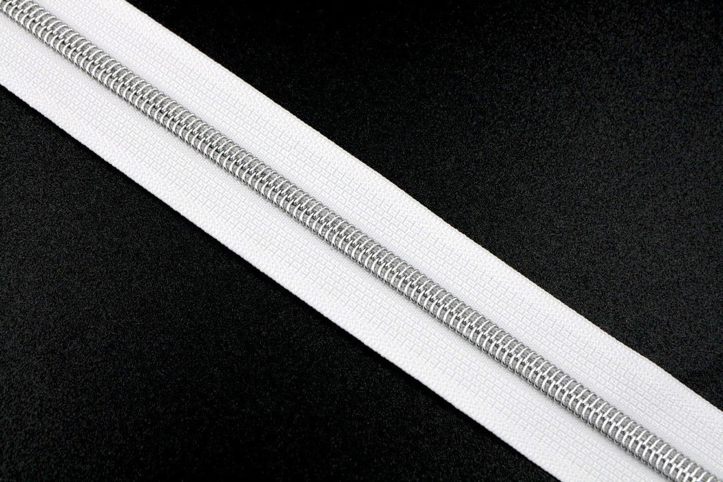 White- #5 Silver Nylon Coil Zipper Tape