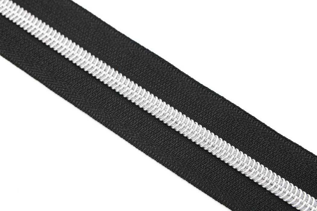 Black- #5 Silver Nylon Coil Zipper Tape