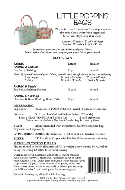 Aunties Two- Little Poppins Bag Pattern with Stays