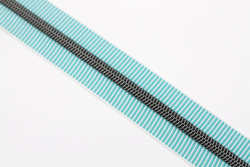 Teal Zebra Stripes- #5 Gunmetal Nylon Coil Zipper Tape