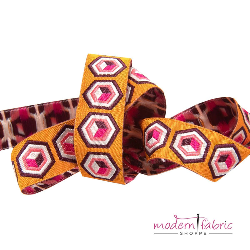 Tula Pink Vintage, Hexagon Ribbon Trim Orange & Pink 7/8" Ribbon, By the Yard