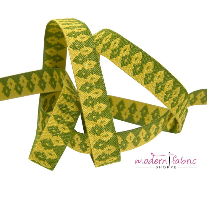 Tula Pink Vintage, Green and Gold Wanderer 3/8"  Ribbon, By the Yard