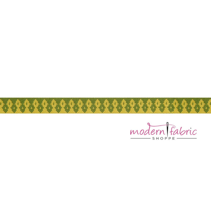 Tula Pink Vintage, Green and Gold Wanderer 3/8"  Ribbon, By the Yard