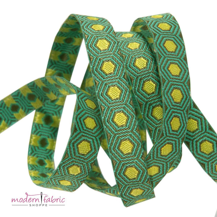 Tula Pink Slow and Steady Vintage, Tiny Yellow Tortoise dots on Green - 3/8” Ribbon, By the Yard