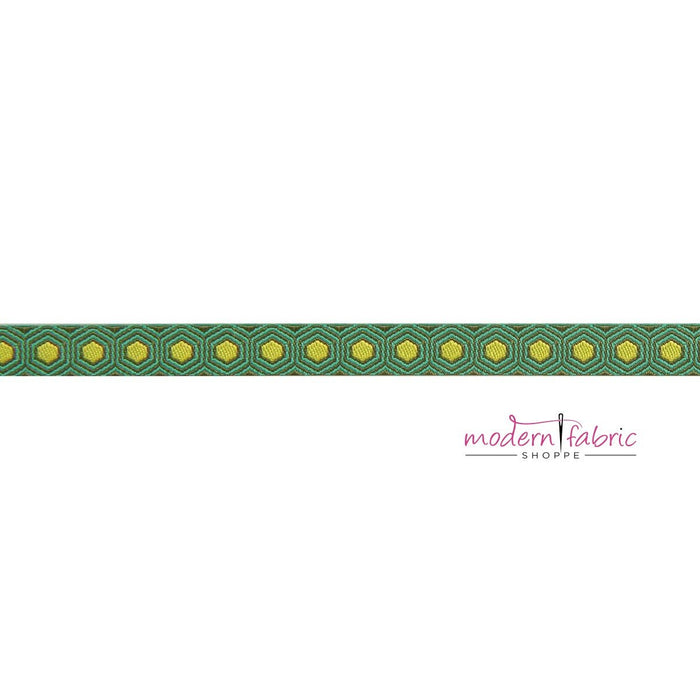 Tula Pink Slow and Steady Vintage, Tiny Yellow Tortoise dots on Green - 3/8” Ribbon, By the Yard