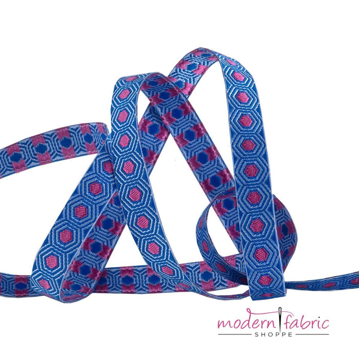 Tula Pink Slow and Steady Vintage, Tiny Hot pink Tortoise dots on Blue - 3/8” Ribbon, By the Yard