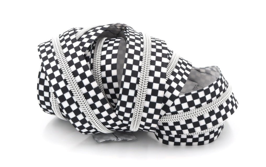 Black and White Checkerboard- #5 Silver Nylon Coil Zipper Tape - Modern Fabric Shoppe