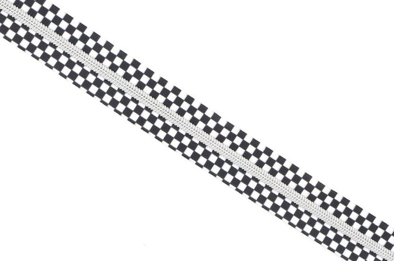 Black and White Checkerboard- #5 Silver Nylon Coil Zipper Tape - Modern Fabric Shoppe