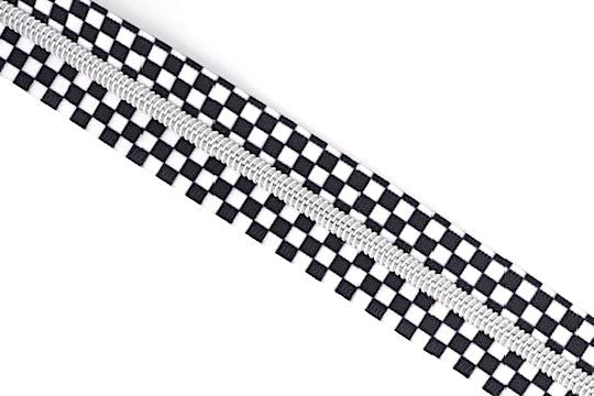 Black and White Checkerboard- #5 Silver Nylon Coil Zipper Tape - Modern Fabric Shoppe