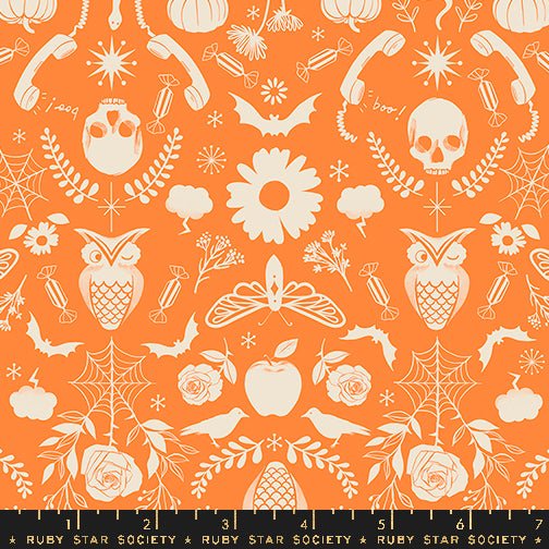 Good Spirits- Collaboration by Ruby Star Society- Creepy Damask RS 5138 14- Pumpkin- Half Yard- July 2024 - Modern Fabric Shoppe