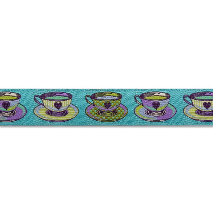 Tula Pink Curiouser, Tea Time Small Blue  7/8" Ribbon- By the Yard.