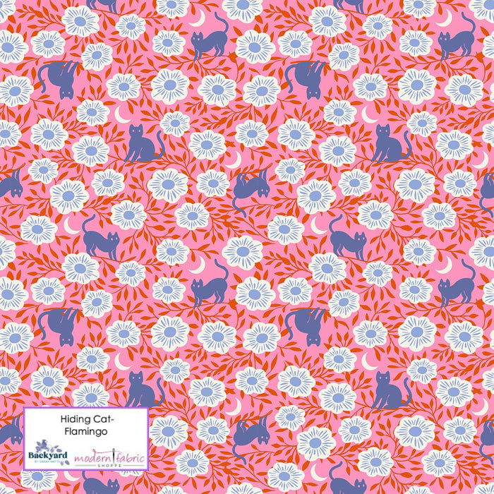 PRE-ORDER Backyard by Sarah Watts- Hiding Cat RS 2088 12-Flamingo- Half Yard- September 2023 - Modern Fabric Shoppe