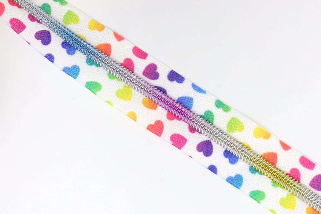 White Hearts- #5 Rainbow Nylon Coil Zipper Tape - Modern Fabric Shoppe